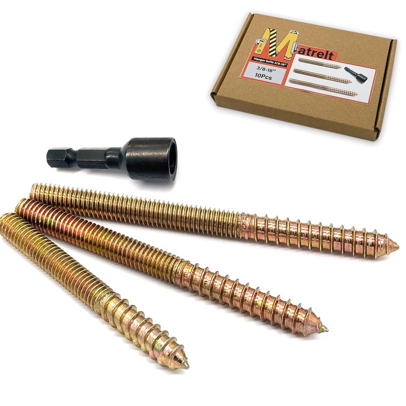 Matrelt 10Pack 3/8-16" Hanger Bolts 3 Long Sizes Include1 pcs Hanger Bolt Driver Double Headed Bolts Wood Dowel Screw Self-Tapping Screw Hanger Bolts for Furniture Screws Double Threaded Rods Bolt - Image 1